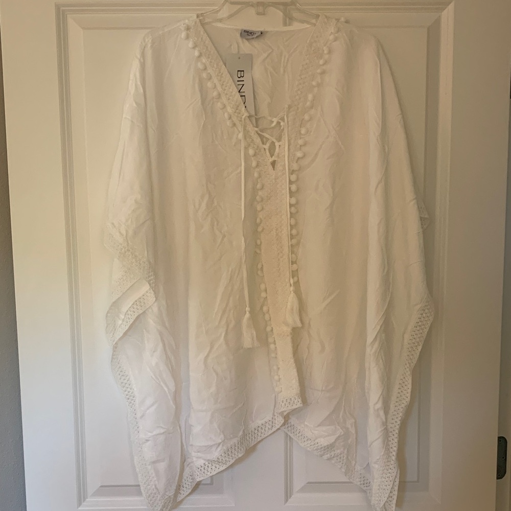 White Lace Trim Poncho Cover Up